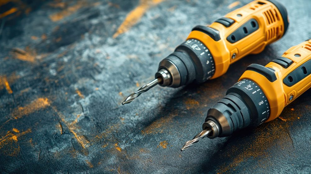 Two electric screwdrivers or drills for screwing and drilling, high quality picture, bright lighting, high resolution, perfect composition, with space for text or copy space, with text area, high detail, 8k --ar 3:2 --v 6.1 Job ID: a88dc774-d593-41f4-b8b2-9ea92facaa50